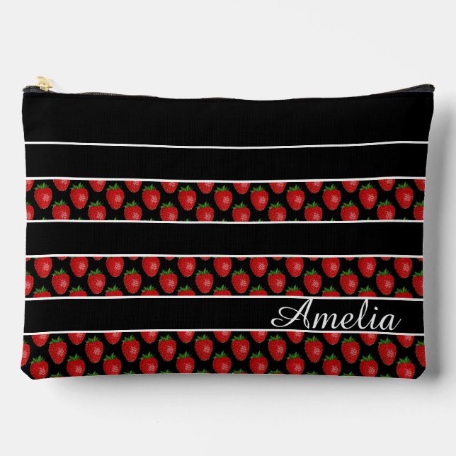 Strawberry Stripes Black Personalised Zubehörtasche (Vorderseite)
