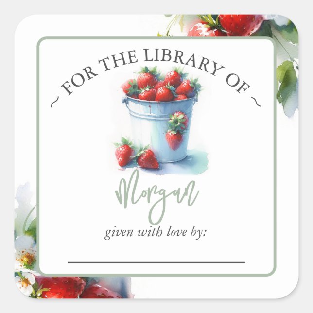 Strawberry Summer Baby Dusche Buchzeichen Quadratischer Aufkleber (Vorderseite)