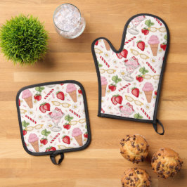 Strawberry Sundae Pattern Ofenhandschuh & Topflappen-Set