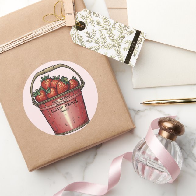 Strawberry Sweet Bucket Baby Dusche Runder Aufkleber (Schenken)
