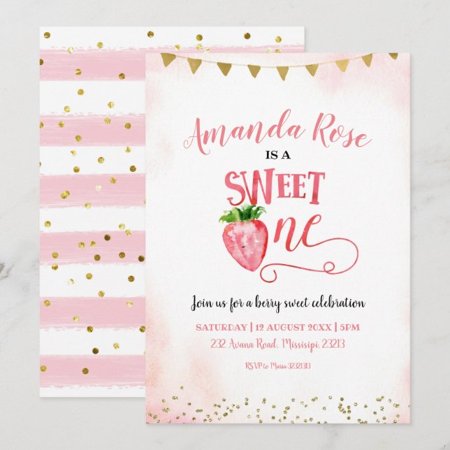 Strawberry Sweet One First Birthday Einladung (Vorne/Hinten)