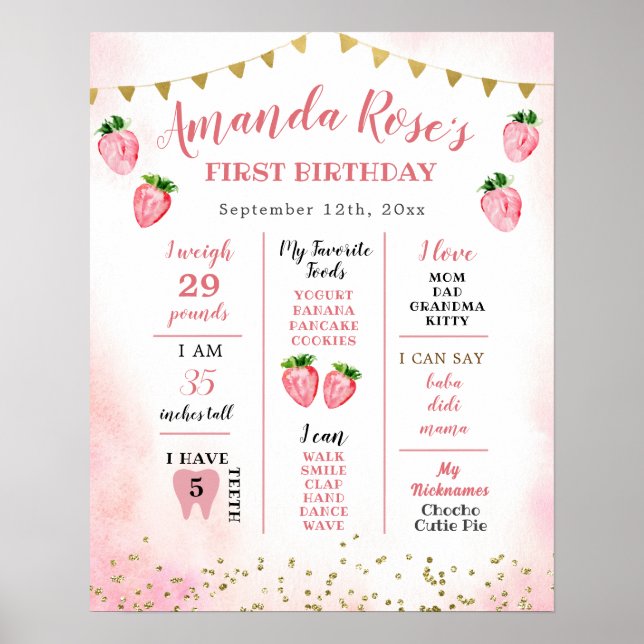Strawberry Sweet One First Birthday Sign Poster (Vorne)