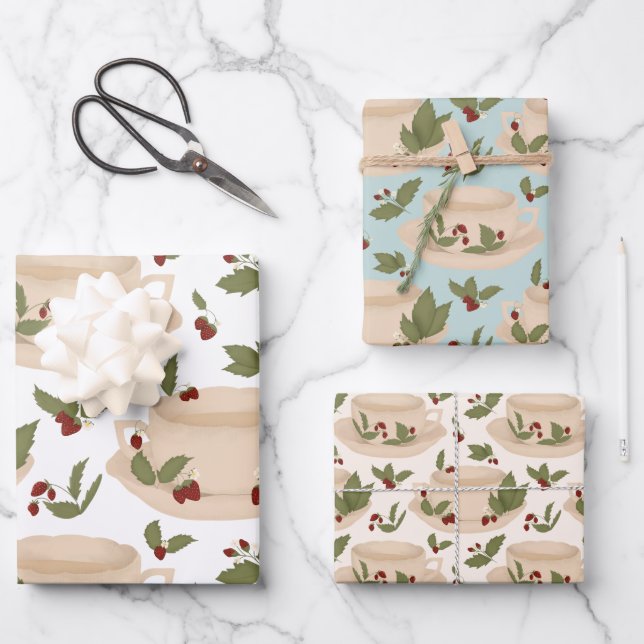 Strawberry Teacup Gift Wrap Geschenkpapier Set (Vorderseite)