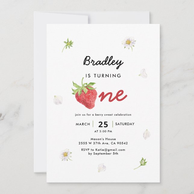 Strawberry Theme Berry First Birthday Einladung (Vorderseite)
