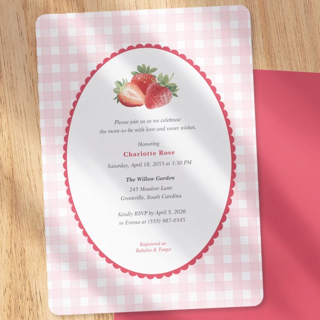 Strawberry themed-Spring Baby Girl Shower Einladung (Strawberry Themed Baby Girl Shower Invitation-Vintage spring pink gingham background.)