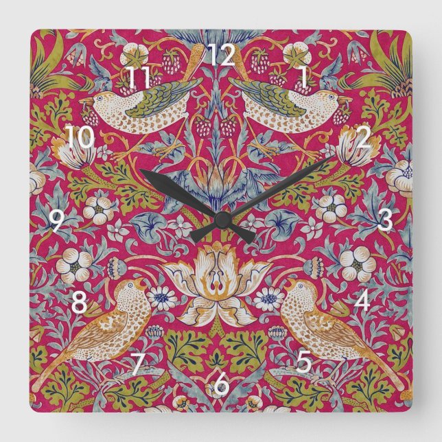 Strawberry Thief, William Morris Quadratische Wanduhr (Vorderseite)