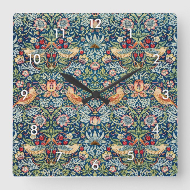 Strawberry Thief, William Morris Quadratische Wanduhr (Vorderseite)