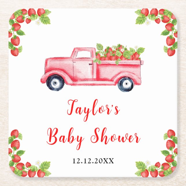 Strawberry Truck Baby Dusche Rechteckiger Pappuntersetzer (Vorderseite)