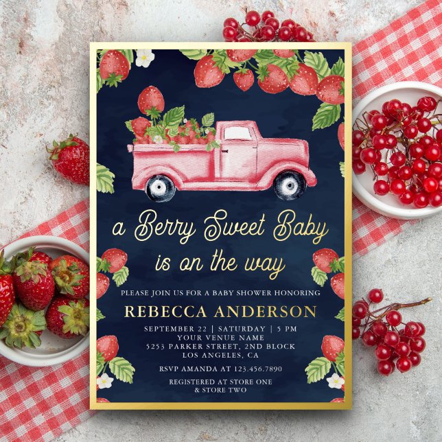 Strawberry Truck Berry Sweet Baby Dusche Navy Gold Folieneinladung (Von Creator hochgeladen)