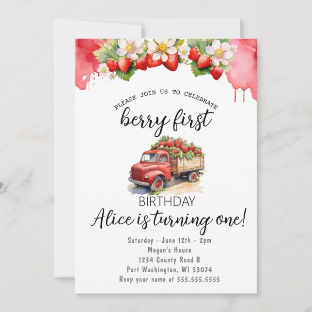 Strawberry Truck Elegance Berry Erster Geburtstag Einladung (Vorderseite)