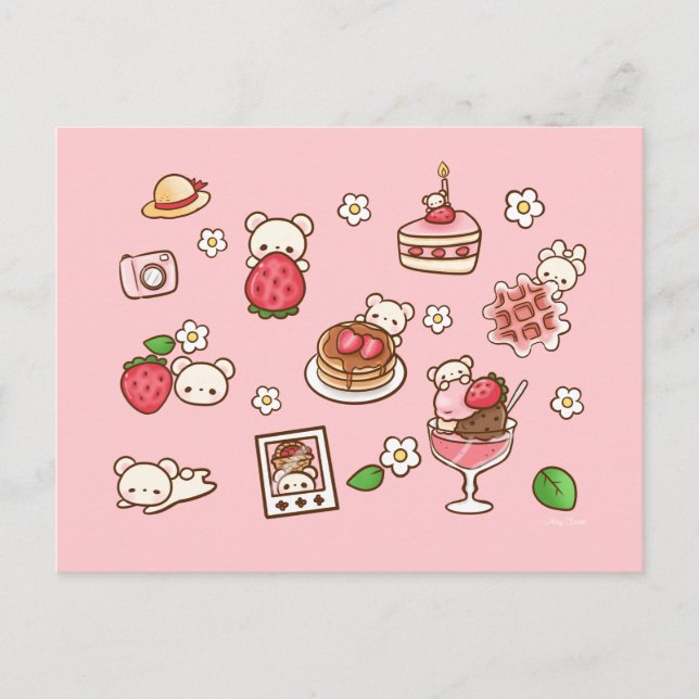 Strawberry und Bär Lecky Kawaii Niedliche Leckerei Postkarte (Vorderseite)