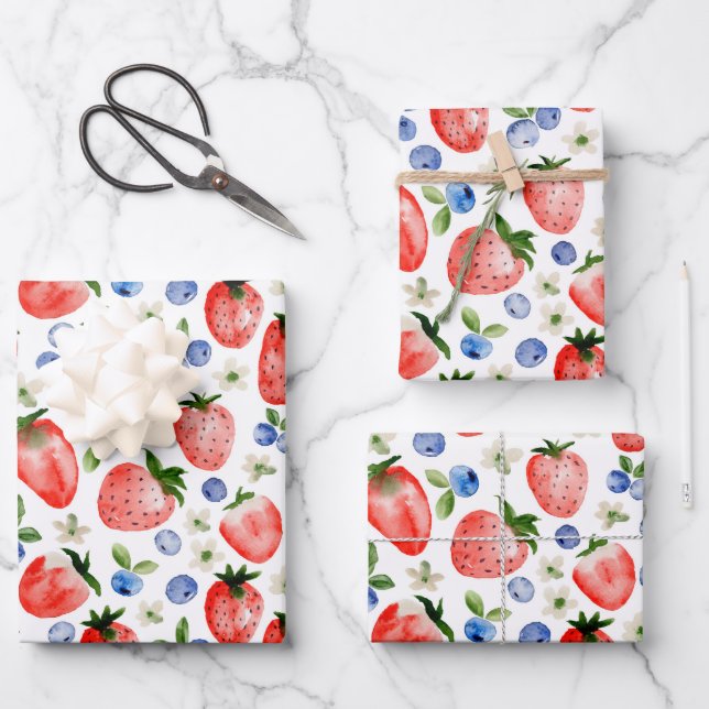 Strawberry und Blueberry Muster Geschenkpapier Set (Vorderseite)
