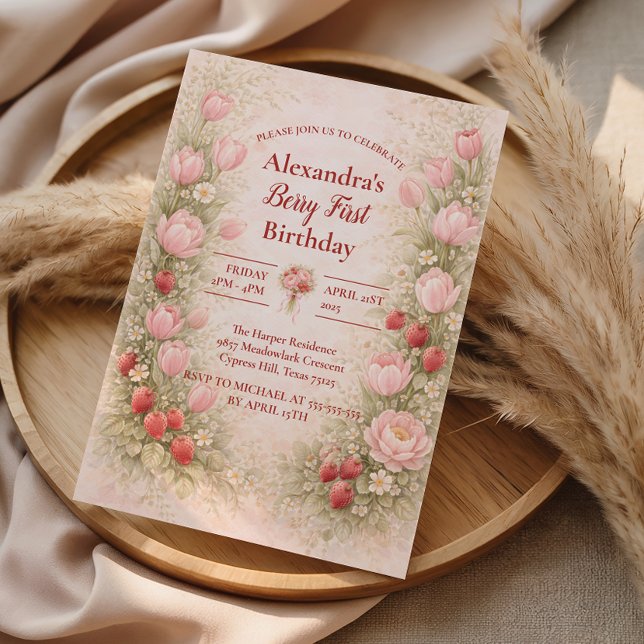 Strawberry Vintage Floral Theme 1st Birthday Einladung (Von Creator hochgeladen)