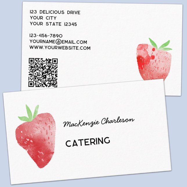 Strawberry Watercolor Catering Services QR-Code Visitenkarte (Fresh strawberry watercolor catering chef cook business card with QR code)