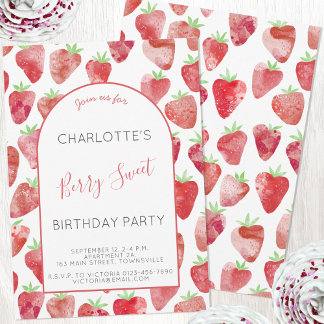 Strawberry Watercolor Geburtstagsparty Einladung