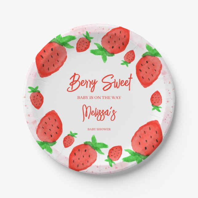 Strawberry Watercolor Girl Babydusche Dekoration Pappteller (Vorderseite)