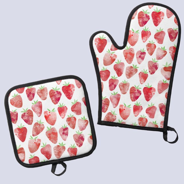Strawberry Watercolor Ofenhandschuh & Topflappen-Set (Fun and fresh watercolor strawberry pattern kitchen oven mitt and pot holder)