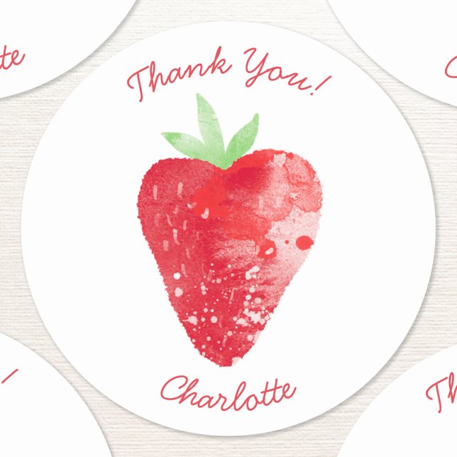 Strawberry Watercolor Personalisiert Vielen Dank Runder Aufkleber (Fresh watercolor strawberry art personalized custom text thank you sticker)