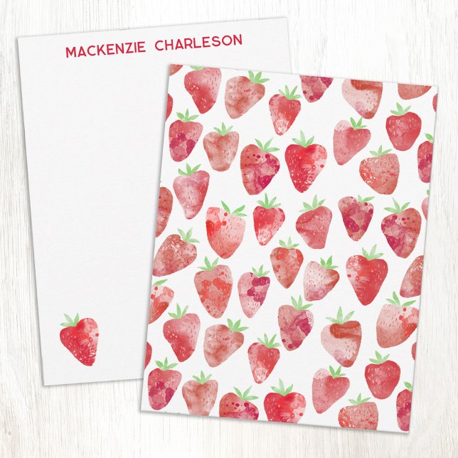 Strawberry Watercolor Personalized Mitteilungskarte (Strawberry watercolor art pattern personalized custom name or text notecards)