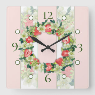 Strawberry Wreath Streifenwall-Uhr Quadratische Wanduhr