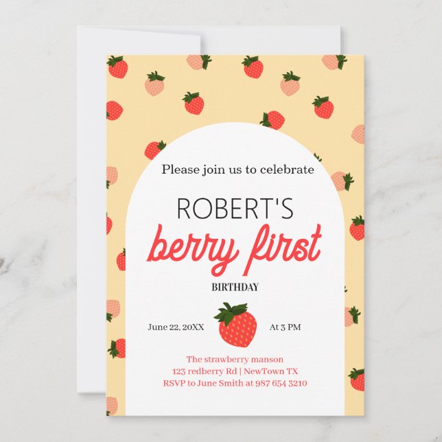 Strawberry zum ersten Geburtstag Einladung (Vorderseite)