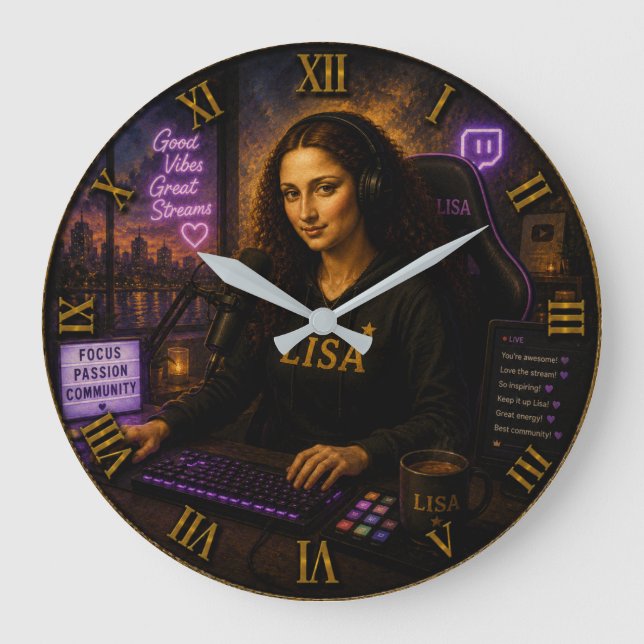 Streamer Funny Mona Lisa Gamer & Twitch Creator  Große Wanduhr (Vorderseite)