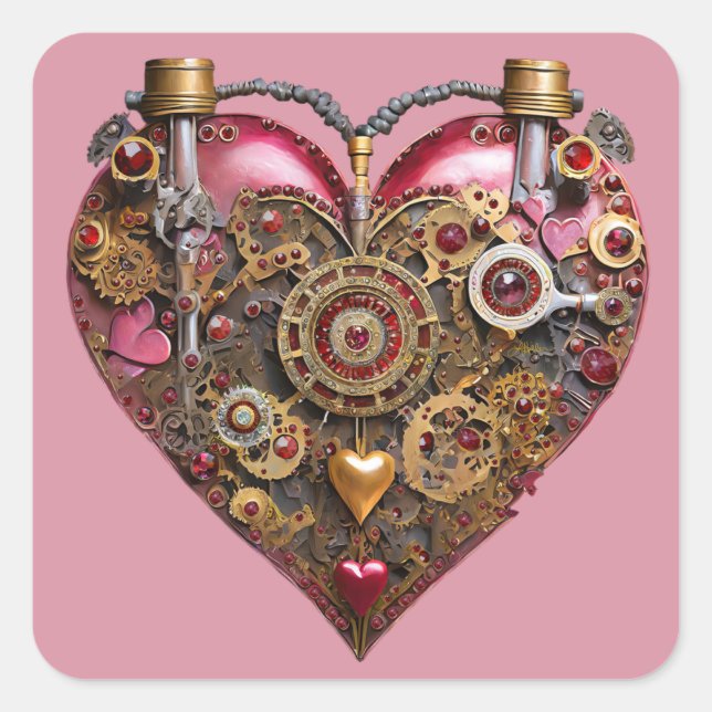 Streampunk Heart Ruby Valentine Quadratischer Aufkleber (Vorderseite)
