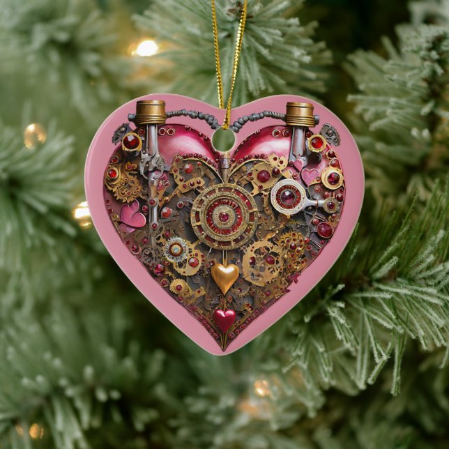 Streampunk-Herz-Rubin-Valentinstag Keramik Ornament (Baum)