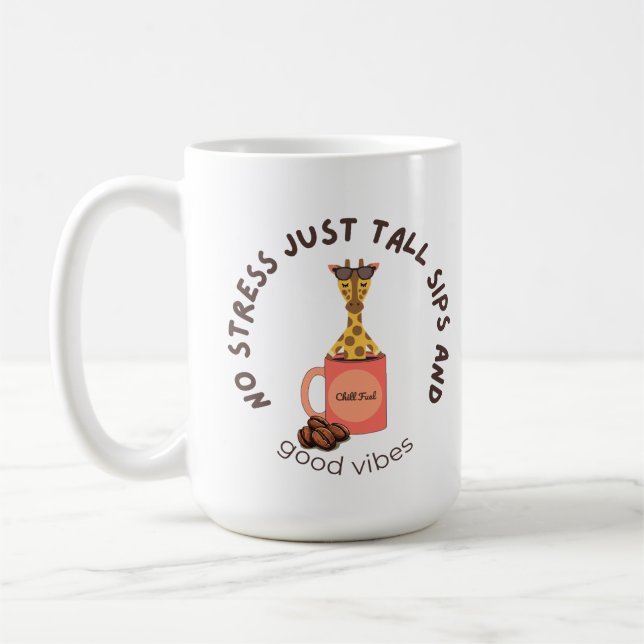 “Strecken, langsam trinken, weniger Stress.” Kaffeetasse (Links)