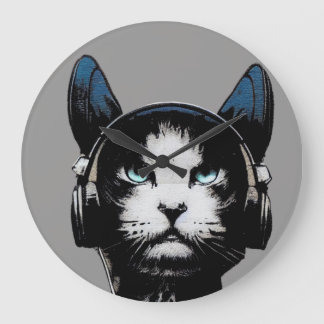 Street Art Cat With Headphones Clock Große Wanduhr