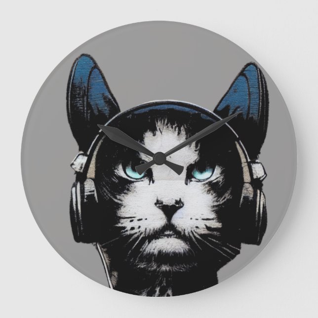 Street Art Cat With Headphones Clock Große Wanduhr (Vorderseite)