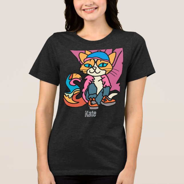 Street Retro Cat, Cap and Sneakers | Funny Tri-Blend Shirt (Vorderseite)