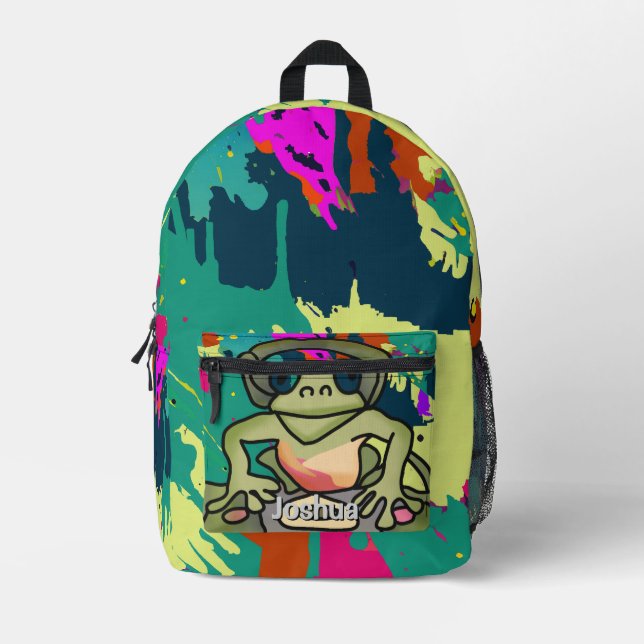 Street Retro Frog mit Kopfhörern | Funny Bedruckter Rucksack (Vorderseite)
