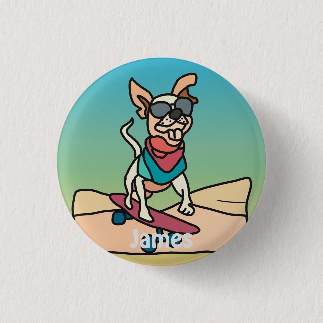 Street Retro Hund mit Sonnenbrille auf Skateboard Button (Vorderseite)