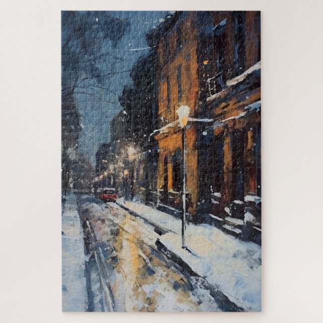 Street Scene Snowy Winter Abend Puzzle (Vertikal)