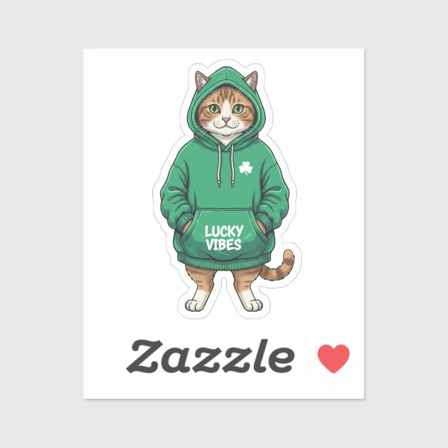 Streetwear Cat In Green Hoodie Lucky Vibes Sticker (Blatt)