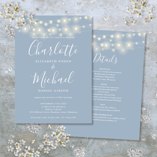 Streichellichter in dunklem Blau in einer einfache Einladung (String Lights Dusty Blue All In One Simple Wedding Invitation)
