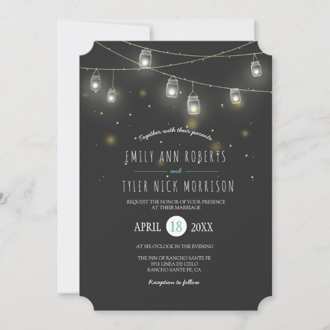 Streicher von glühenden Mason Jars Fireflies Hochz Einladung (Vorderseite)