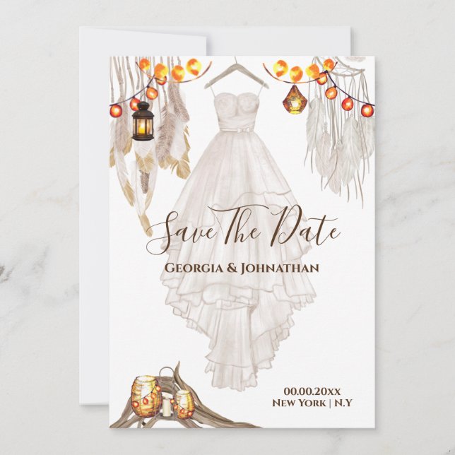 Streichhellfederung boho makrame Laterne Hochzeit Save The Date (Vorderseite)