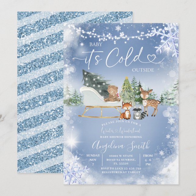 Streichlampe Weiße Schneeflocke Bäume Babydusche i Einladung (Vorne/Hinten)