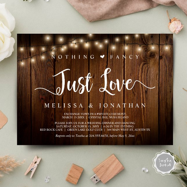 Streichlichter, Entfaltung, nichts Extravagantes,  Einladung (Nothing Fancy Just Love Invitation Card, Modern Rustic String Lights, Cottage Brown Wood.)