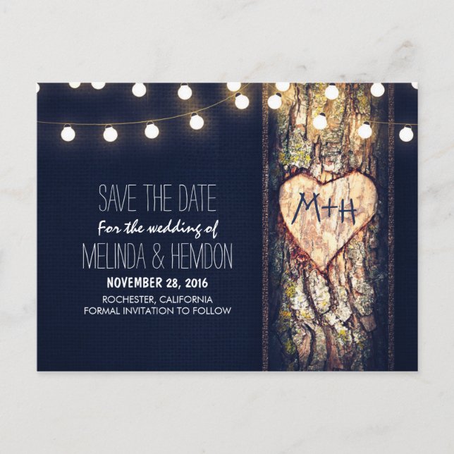 Streichlichter, rustikal Save the Date geschnitzt Ankündigungspostkarte (Vorderseite)