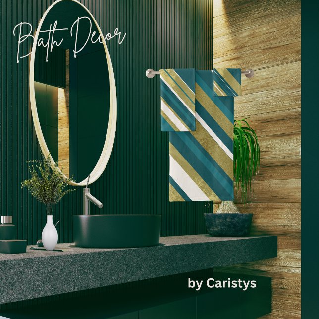 Streifen Aquamarines Goldcreme auf dunklem Aquamar Badhandtuch Set (Von Creator hochgeladen)