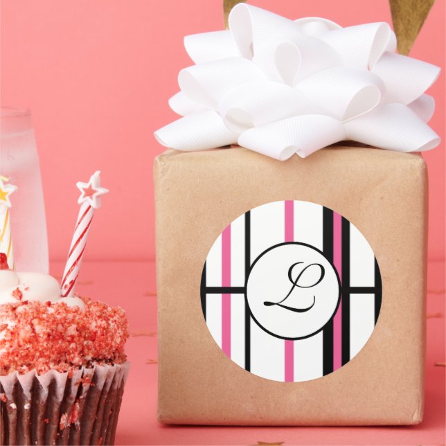 Streifen auf der Monogramm-Aufkleber Rosa Schwarz/ Runder Aufkleber (Party)