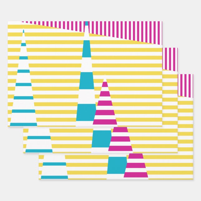 Streifen auf Streifen - Türkis, Gelb und Rosa Geschenkpapier Set (Set)