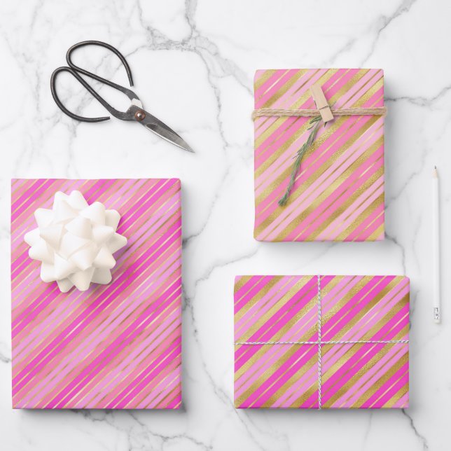 Streifen aus Gold und Rosa Geschenkpapier Set (Vorderseite)