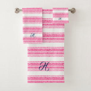 Streifen aus rosa und weißem Glitzer, Monogramm Badhandtuch Set