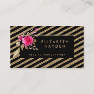 Streifen aus schwarzem Gold Glitzer Florale Visite Visitenkarte