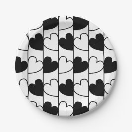 Streifen aus schwarzem und weißem Herzen Pappteller