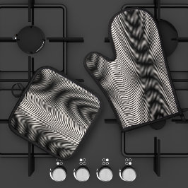 Streifen aus schwarzem und weißem Moiré - Abstrakt Ofenhandschuh & Topflappen-Set